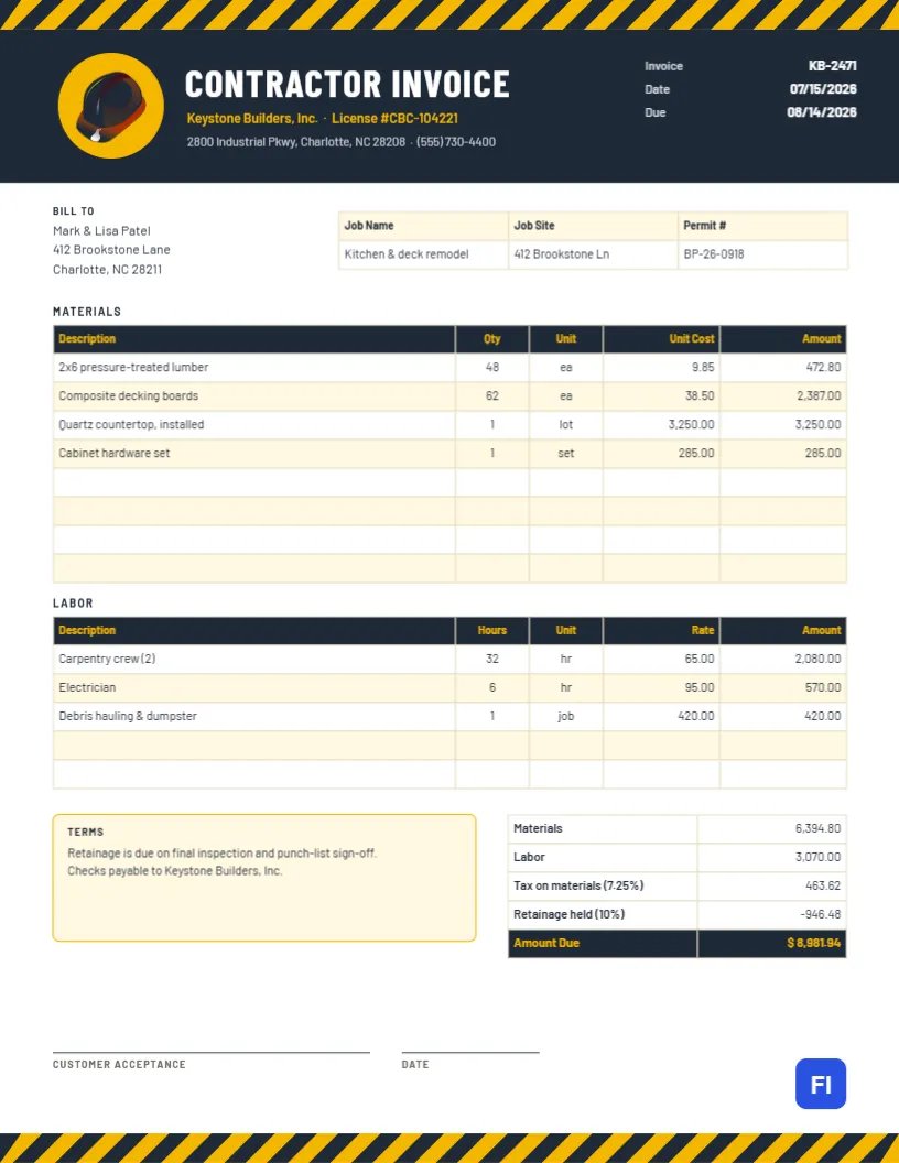 Construction Contractor Invoice Template