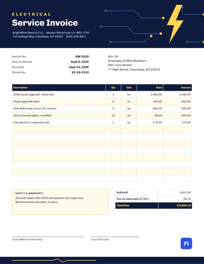 Navy Circuits Electrician Invoice Template