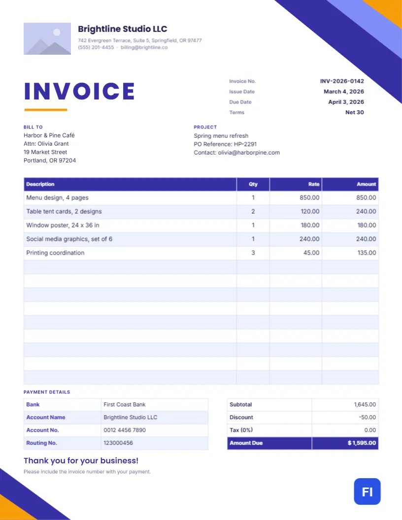 Simple Business Invoice Template with a Bold Indigo Corner Design