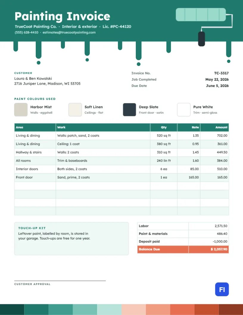 House Painting Invoice Template with Paint Drips and Colour Swatches