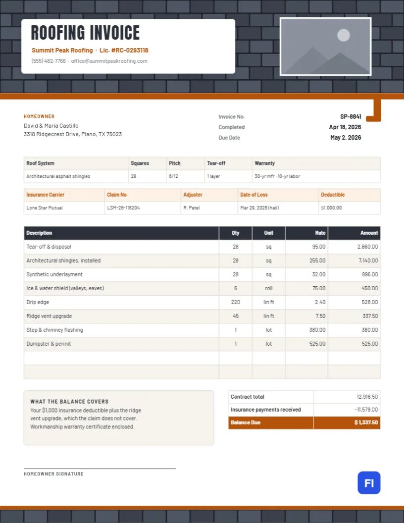 Roofing Invoice Template with Shingle Header and Insurance Claim Details