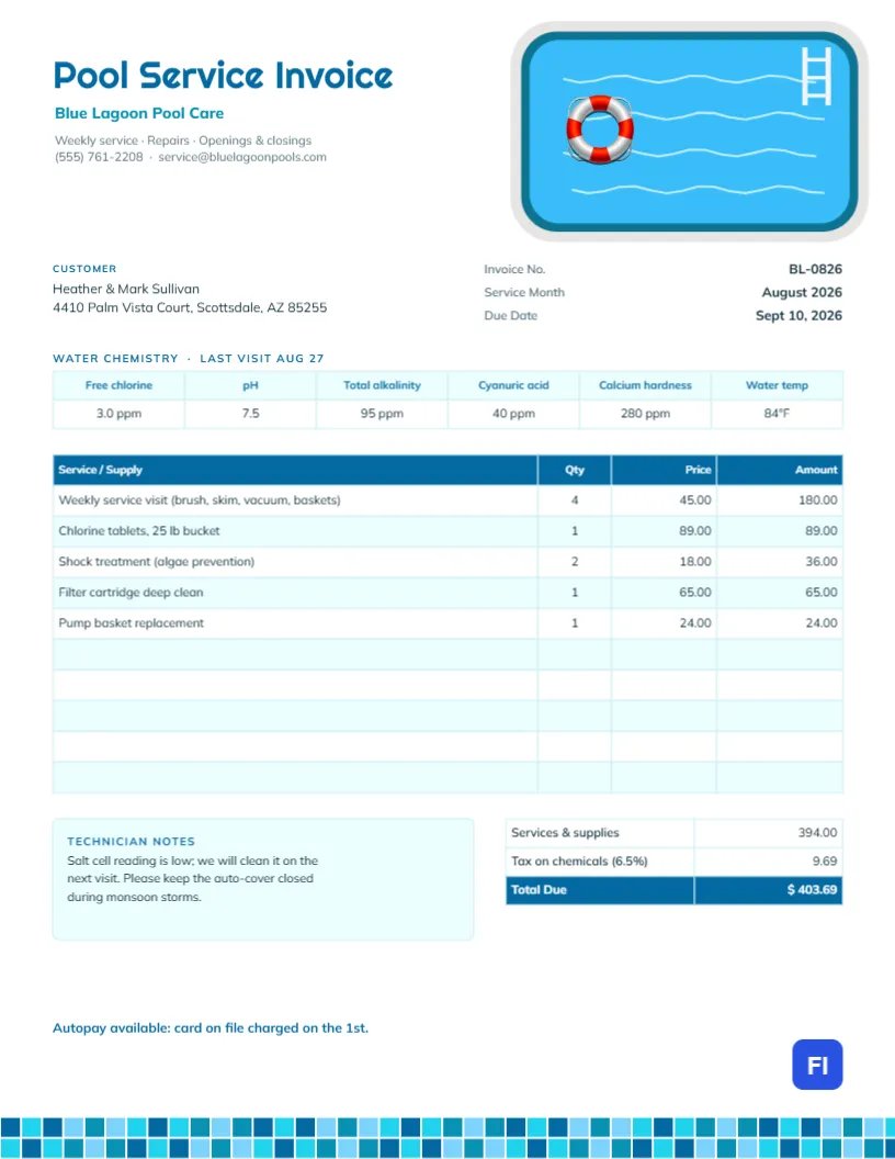 Pool Service Invoice Template with a Water Chemistry Log