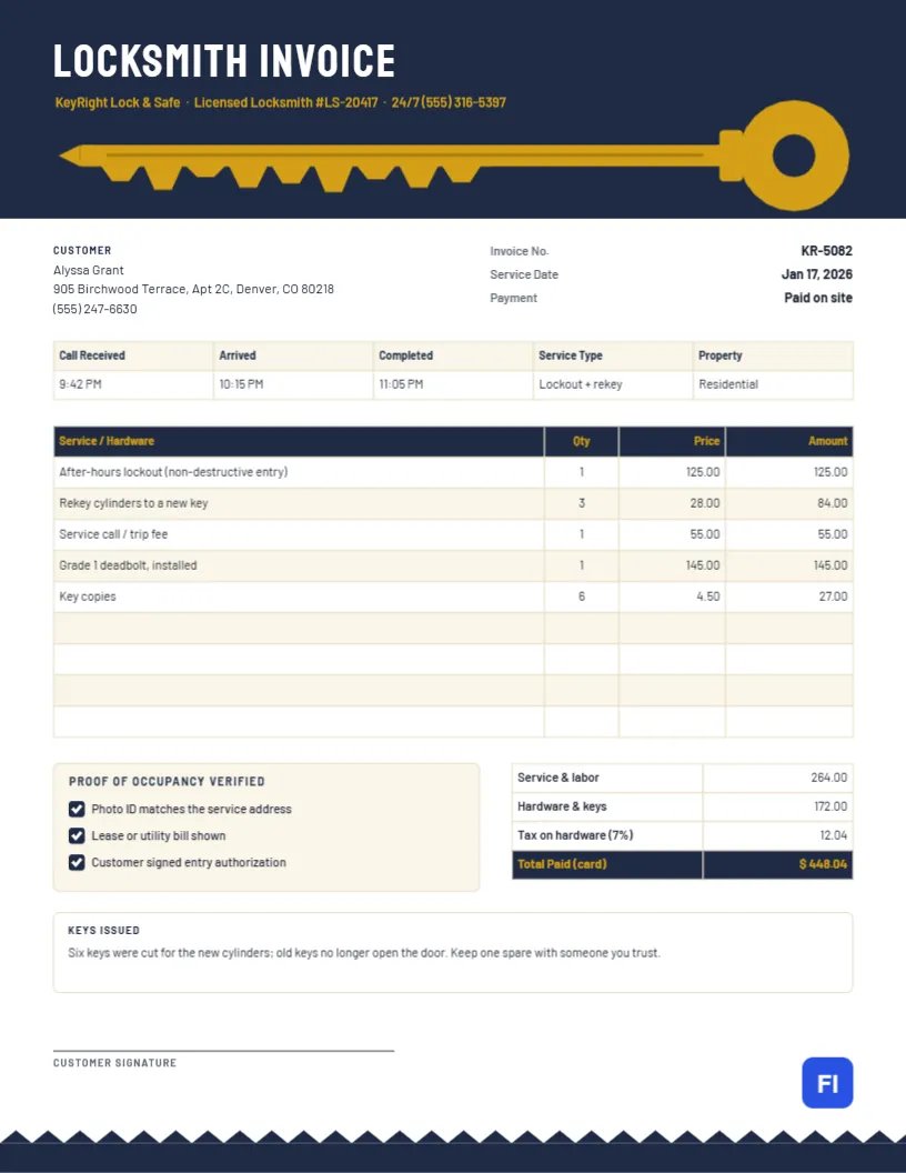Locksmith Invoice Template with a Brass Key and Occupancy Check