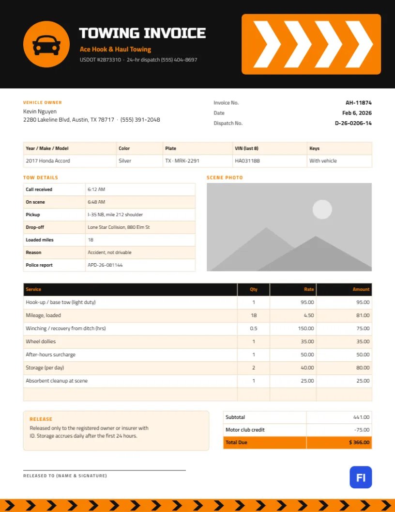 Towing & Roadside Assistance Invoice with Chevron Sign Header