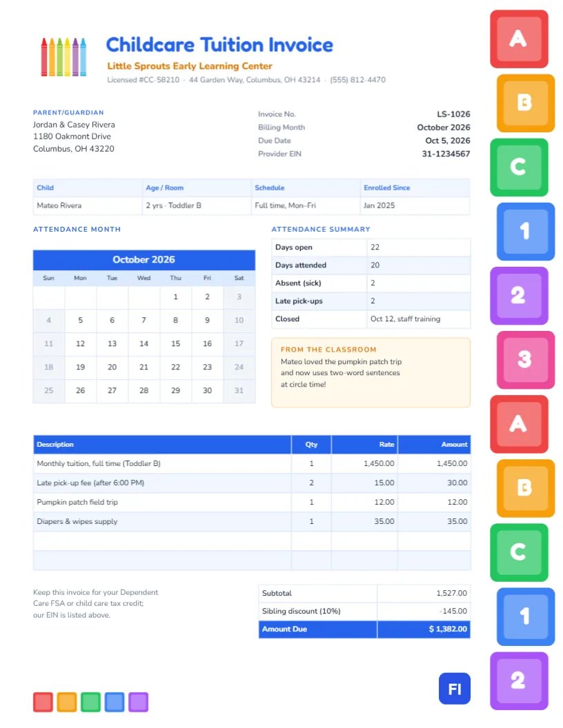 Daycare Tuition Invoice with an Attendance Calendar and ABC Blocks