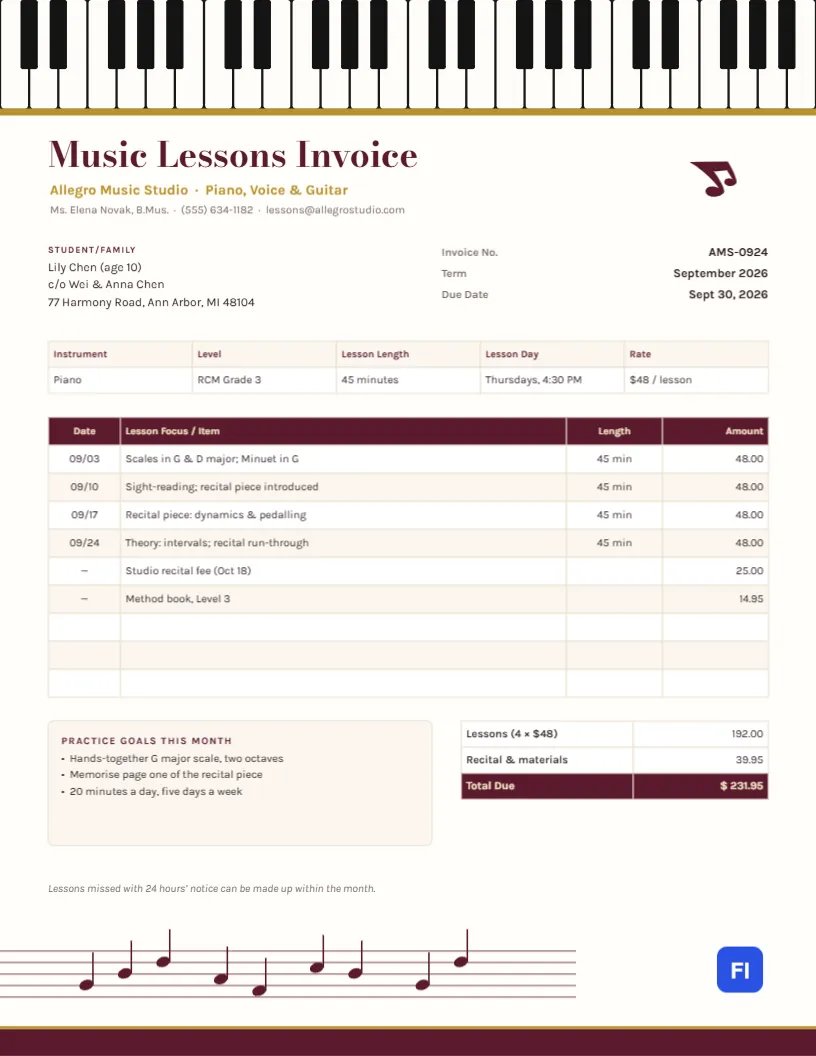 Music Lessons Invoice Template with a Piano Keyboard Header