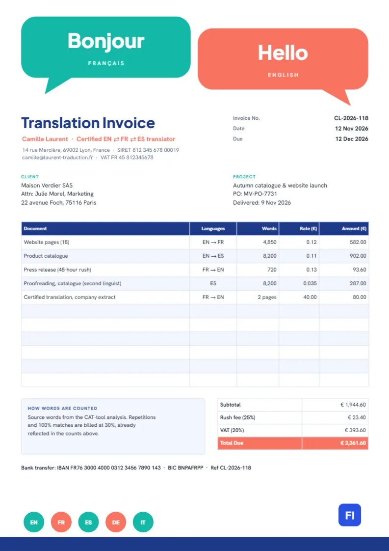 Translation Services Invoice with Speech Bubbles and Per-Word Rates