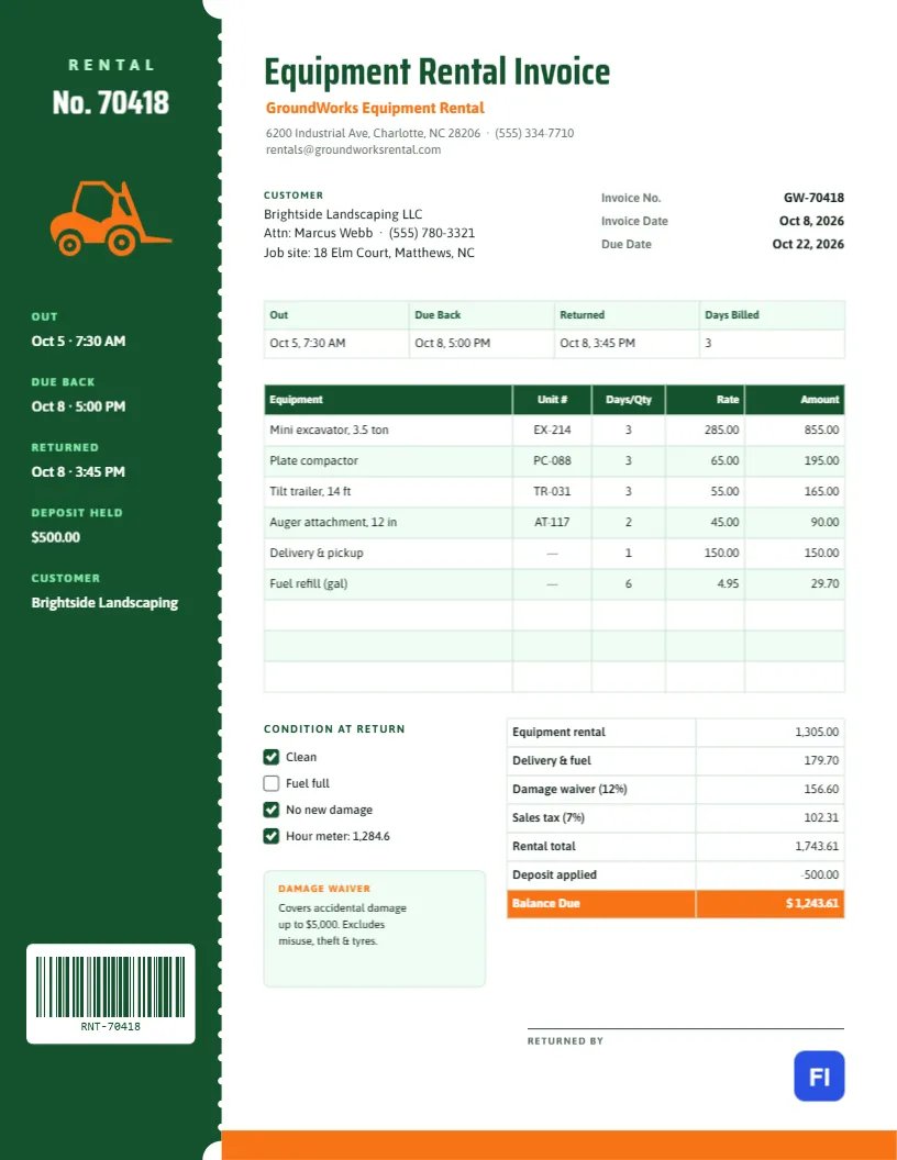 Equipment Rental Invoice with a Tear-Off Rental Stub and Barcode