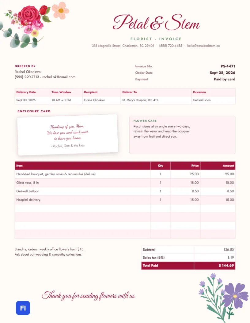 Florist Invoice Template with Roses, Eucalyptus and an Enclosure Card