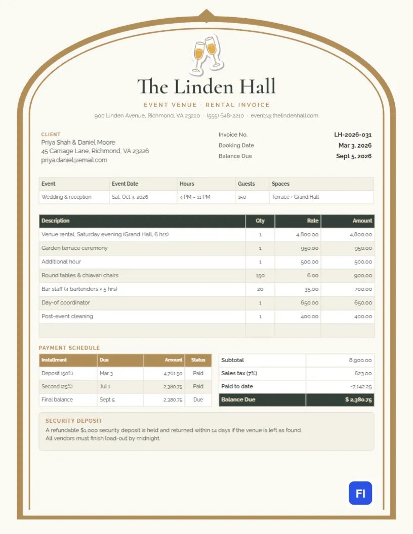 Event Venue Rental Invoice Framed by a Gold Arch