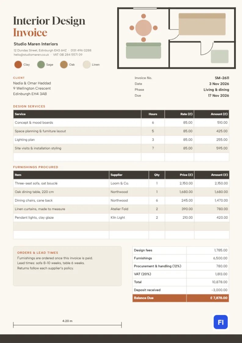 Interior Design Invoice with a Floor Plan Drawing and Palette Chips