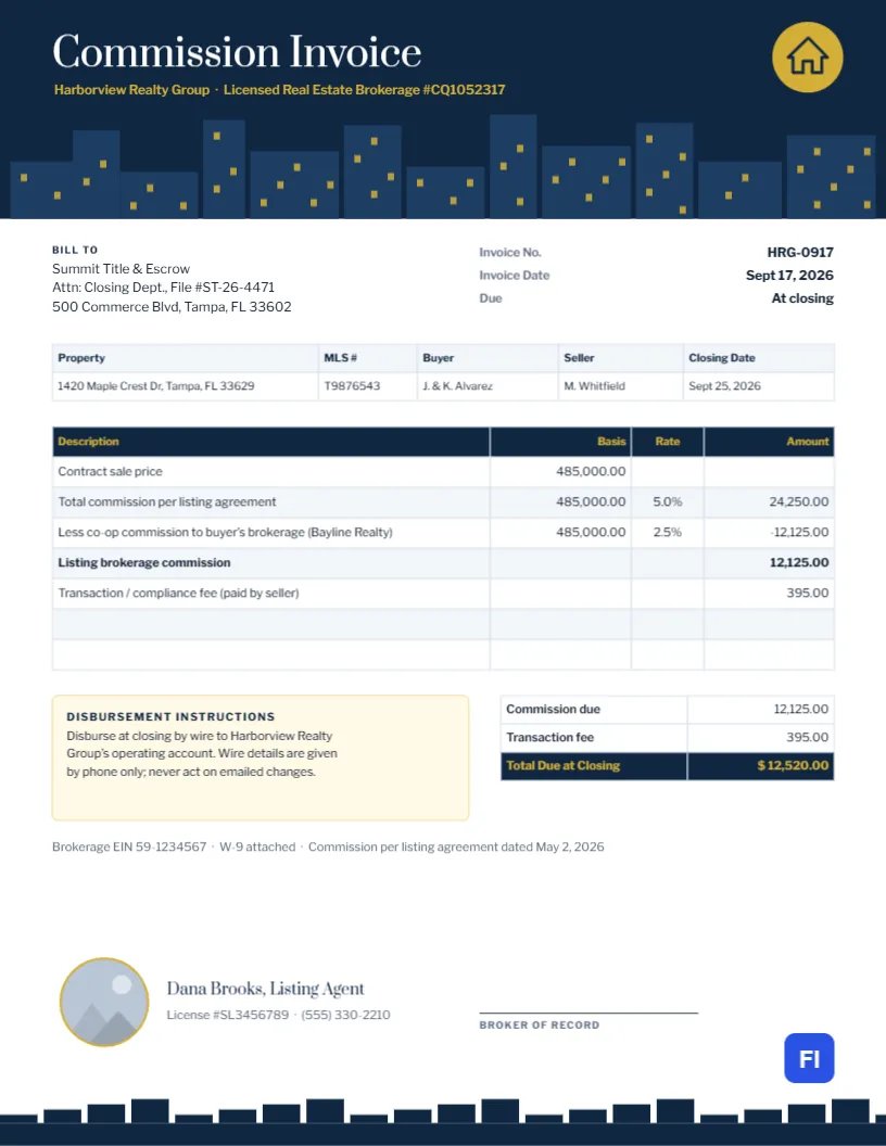 Real Estate Commission Invoice with a Night Skyline Header