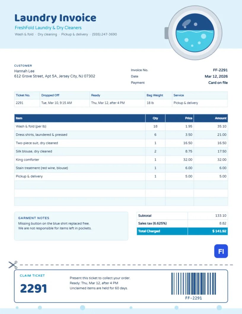 Laundry & Dry Cleaning Invoice with a Washer Porthole and Claim Ticket