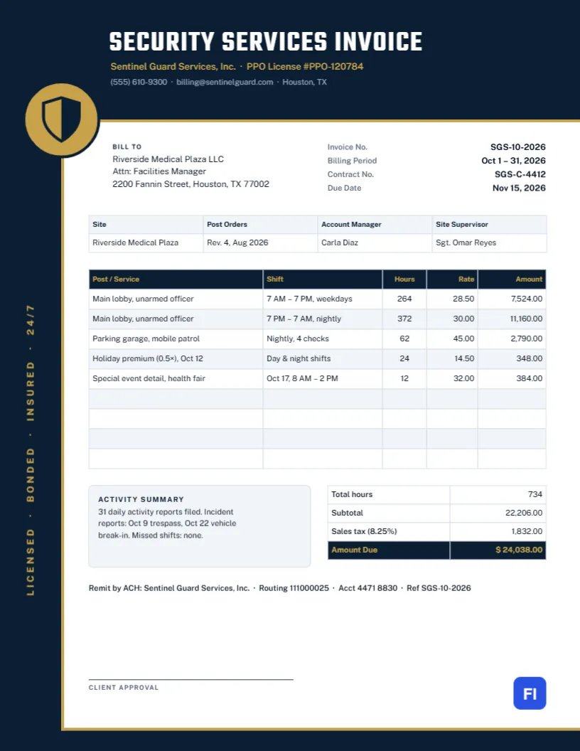 Security Guard Services Invoice with a Shield Medallion and Shift Table