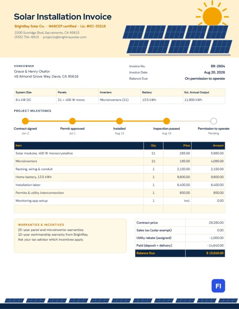 Solar Installation Invoice with Panel Array, Sun and Milestone Tracker