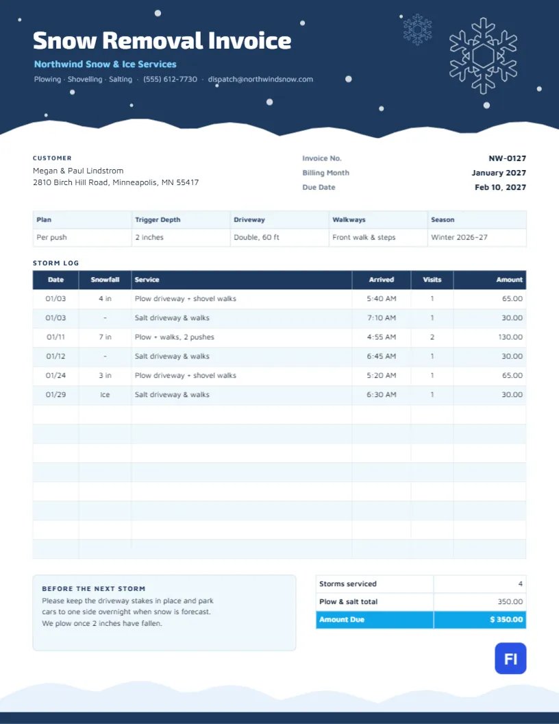 Snow Removal Invoice Template with a Storm Log and Snowdrift Header