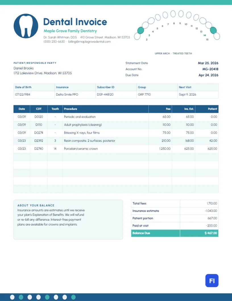 Dental Invoice Template with a Tooth Chart and Insurance Estimates