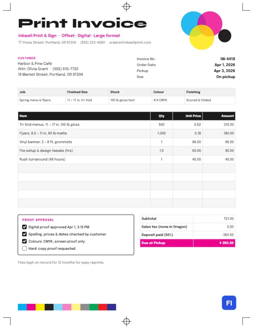 Print Shop Invoice Template with Crop Marks and CMYK Circles