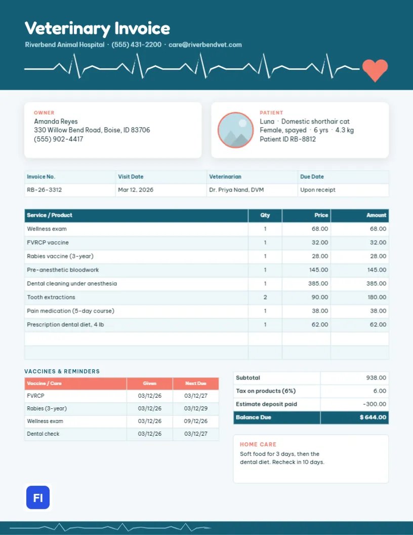 Veterinary Invoice Template with a Heartbeat Line and Vaccine Reminders