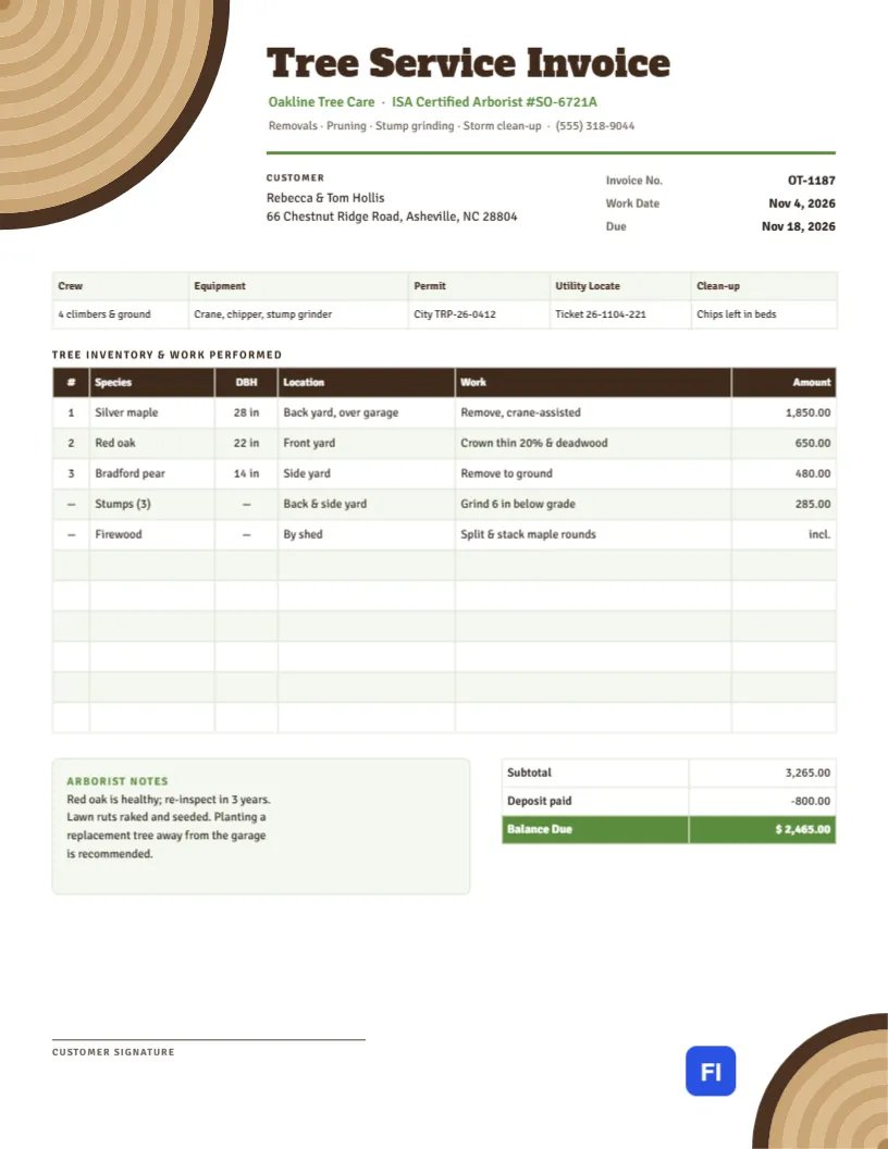 Tree Service Invoice Template with Growth Rings and a Tree Inventory