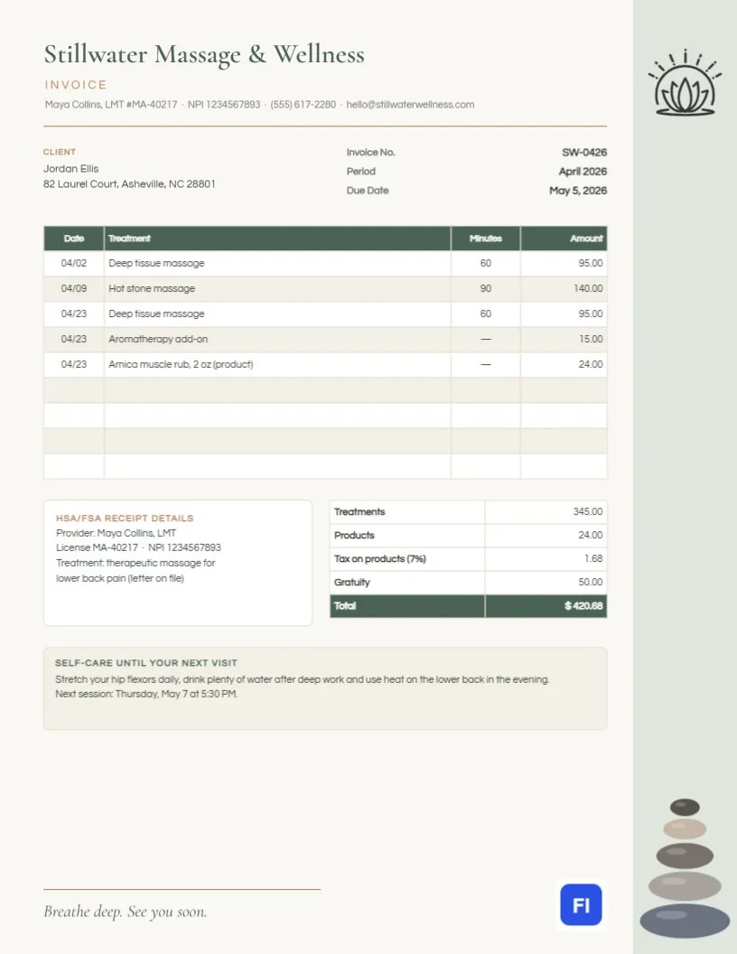 Massage Therapy Invoice Template with Lotus and Balanced Stones
