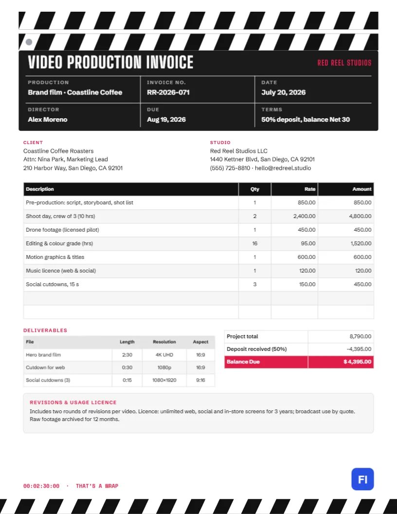 Video Production Invoice Template Designed Like a Film Clapperboard