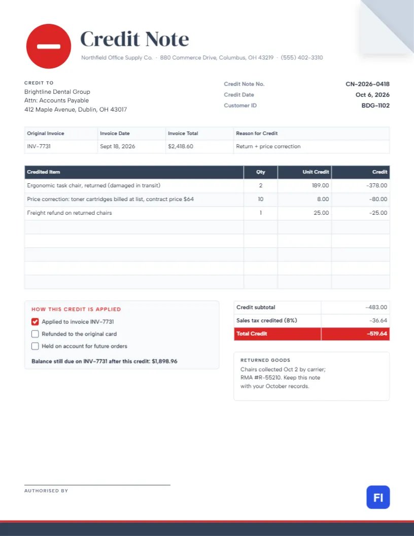 Credit Note Template with a Folded Corner and Negative Line Items