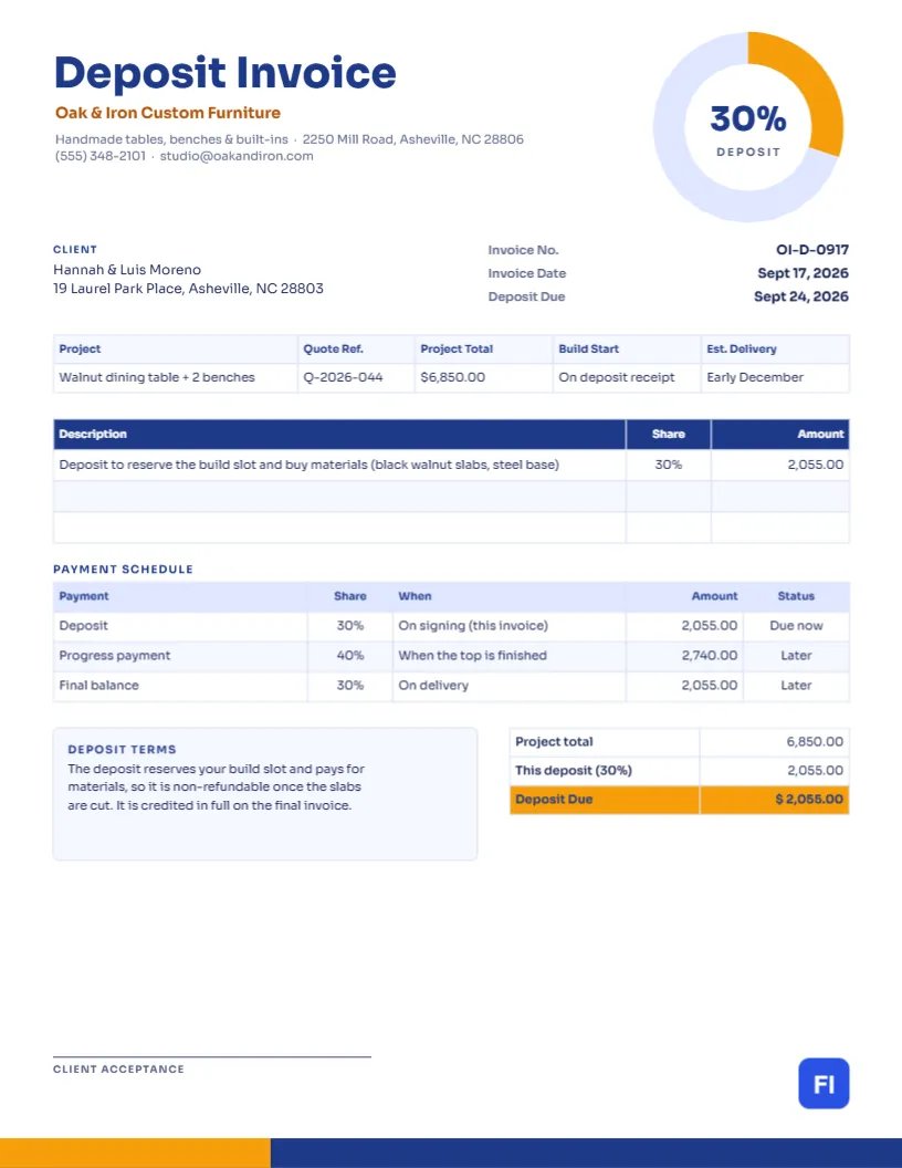 Deposit Invoice Template with a 30% Donut Chart and Payment Schedule