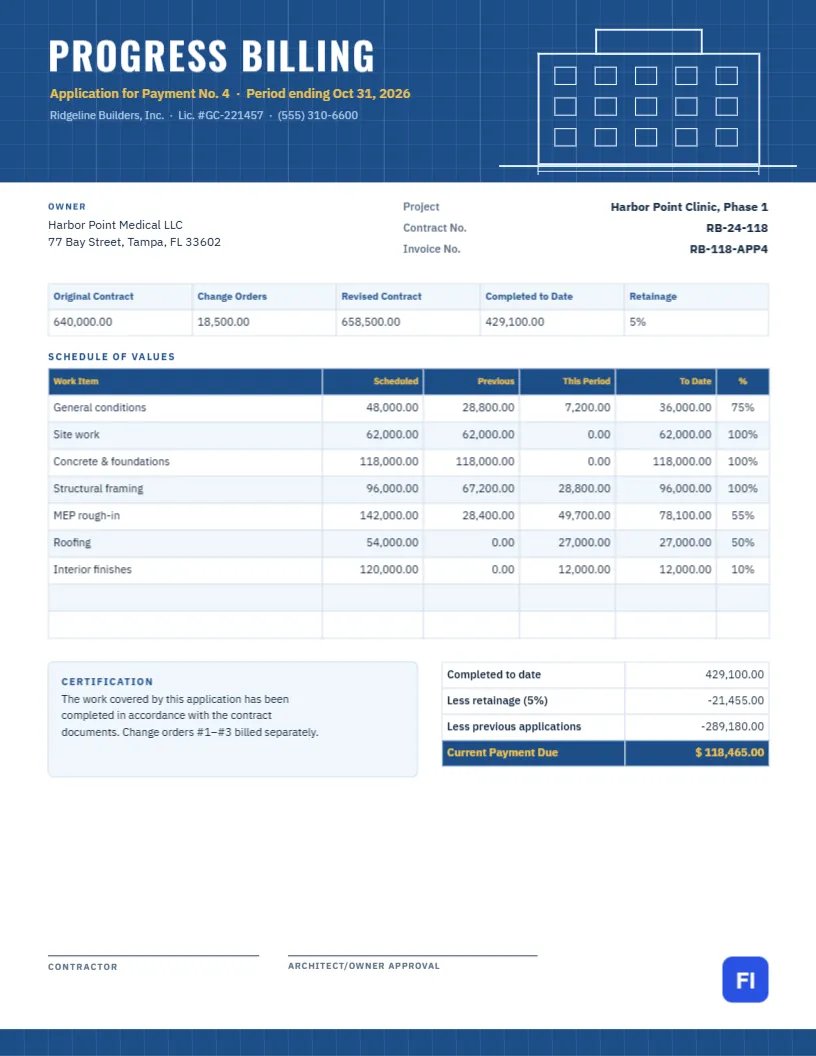 Progress Billing Invoice with a Blueprint Header and Schedule of Values