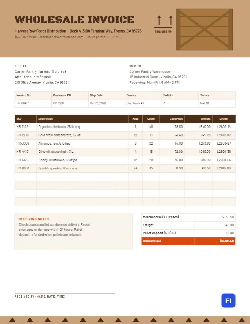 Wholesale Distributor Invoice with Case Packs, Lot Numbers and a Crate