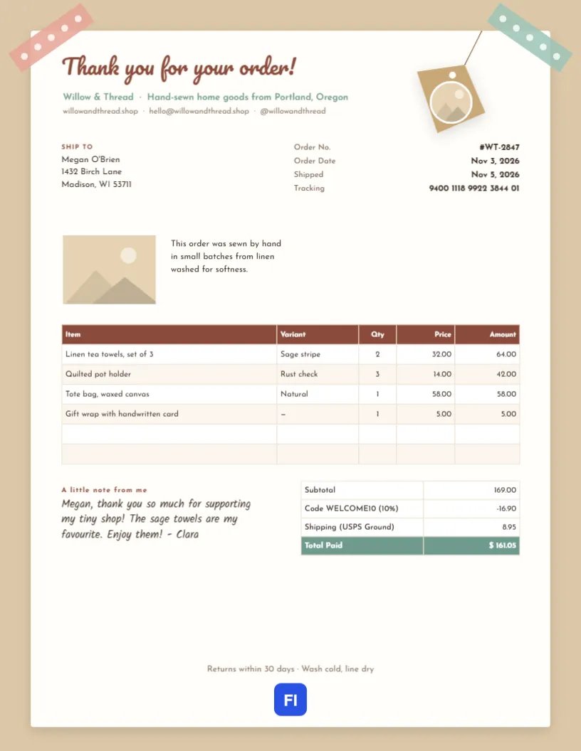 Handmade Shop Order Invoice with Washi Tape and a Thank-You Note