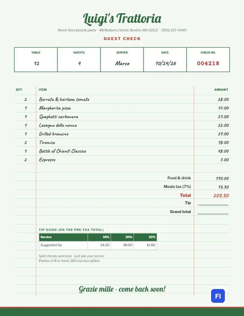 Restaurant Guest Check Template on Green Ruled Diner Paper