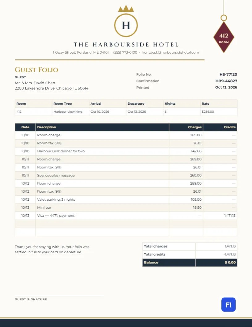 Hotel Guest Folio Template with a Gold Crest and Room Key Fob