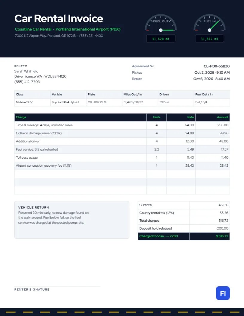Car Rental Invoice Template with Fuel Gauges and Odometer Readouts