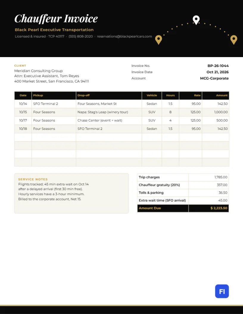 Chauffeur & Limo Invoice with a Gold Route Map on Black