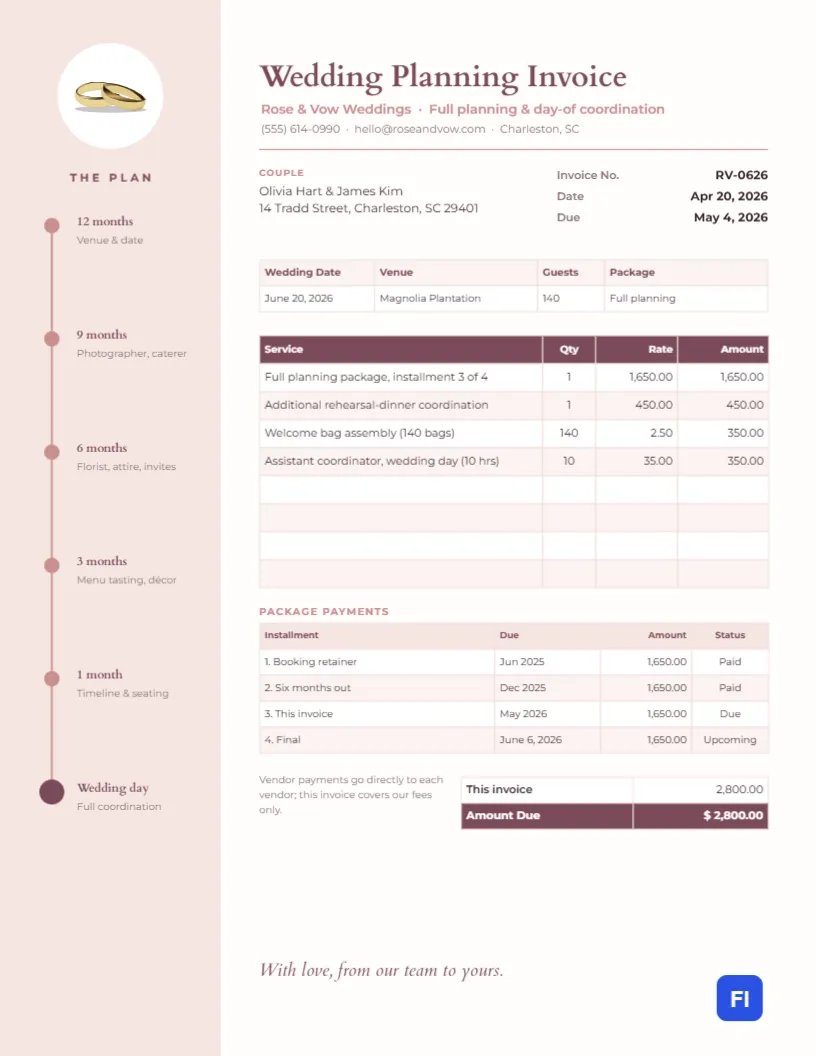 Wedding Planner Invoice with a Planning Timeline Sidebar