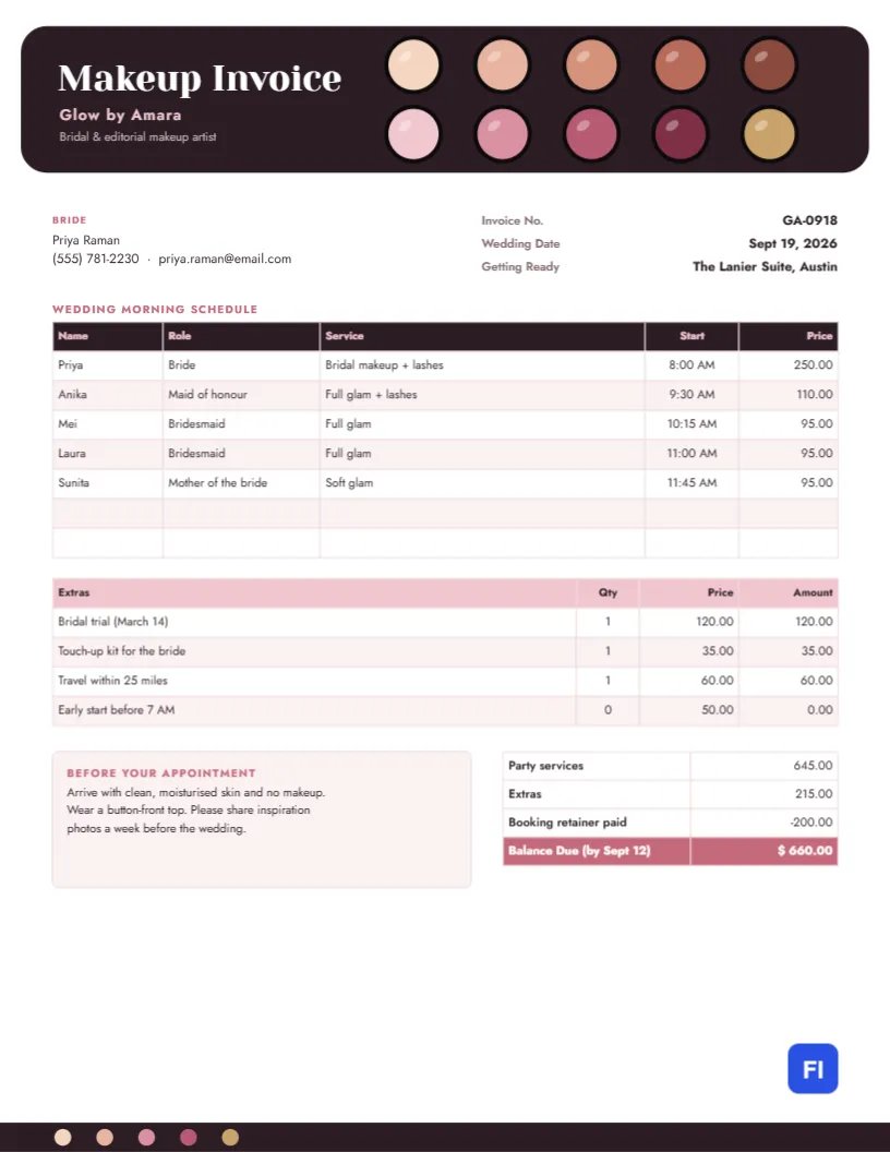 Makeup Artist Invoice with an Eyeshadow Palette Header and Bridal Schedule