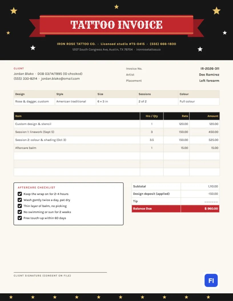 Tattoo Studio Invoice with a Flash-Sheet Banner and Aftercare Checklist