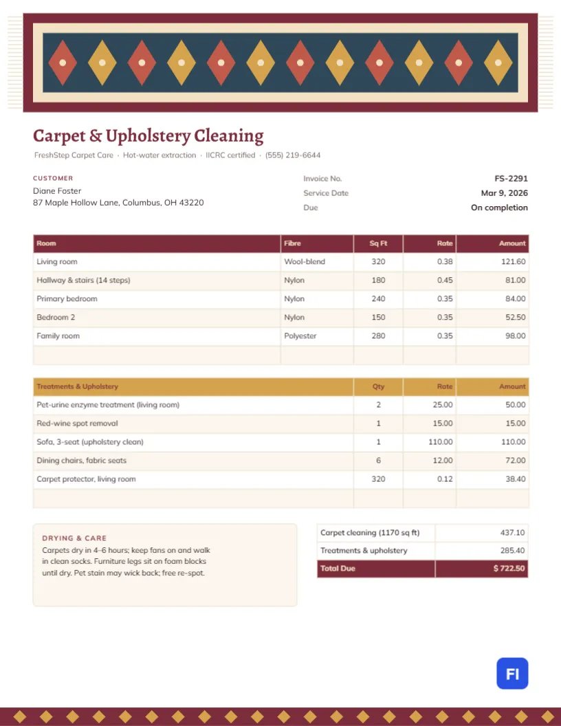 Carpet & Upholstery Cleaning Invoice with a Fringed Rug Header