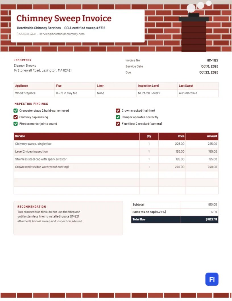 Chimney Sweep Invoice with a Brick Header, Stack and Inspection Findings