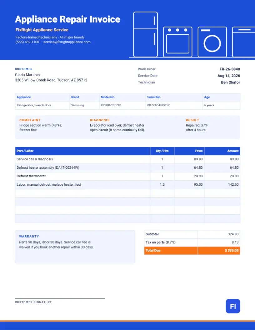 Appliance Repair Invoice with a Kitchen and Laundry Appliance Header