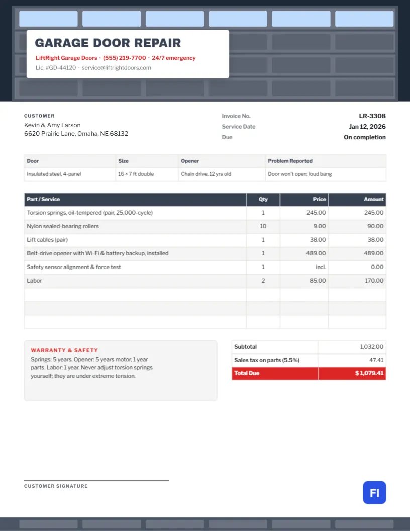 Garage Door Repair Invoice with a Sectional Door Header