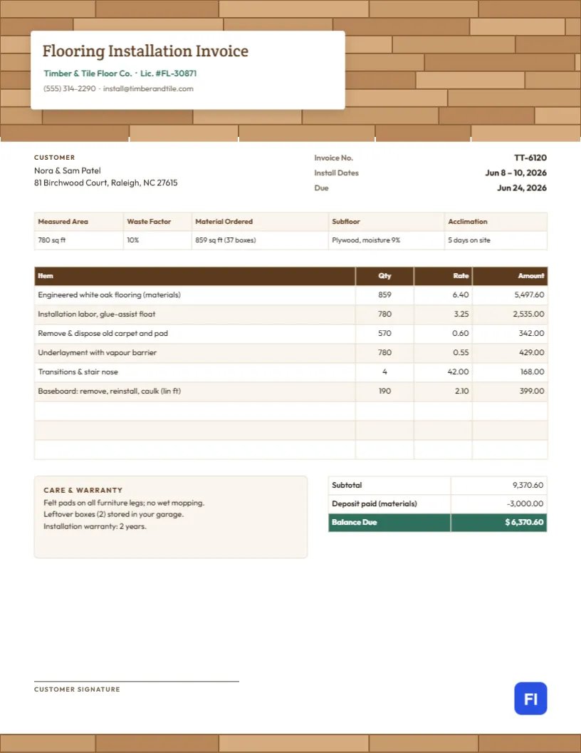 Flooring Installation Invoice with an Oak Plank Header and Waste Factor