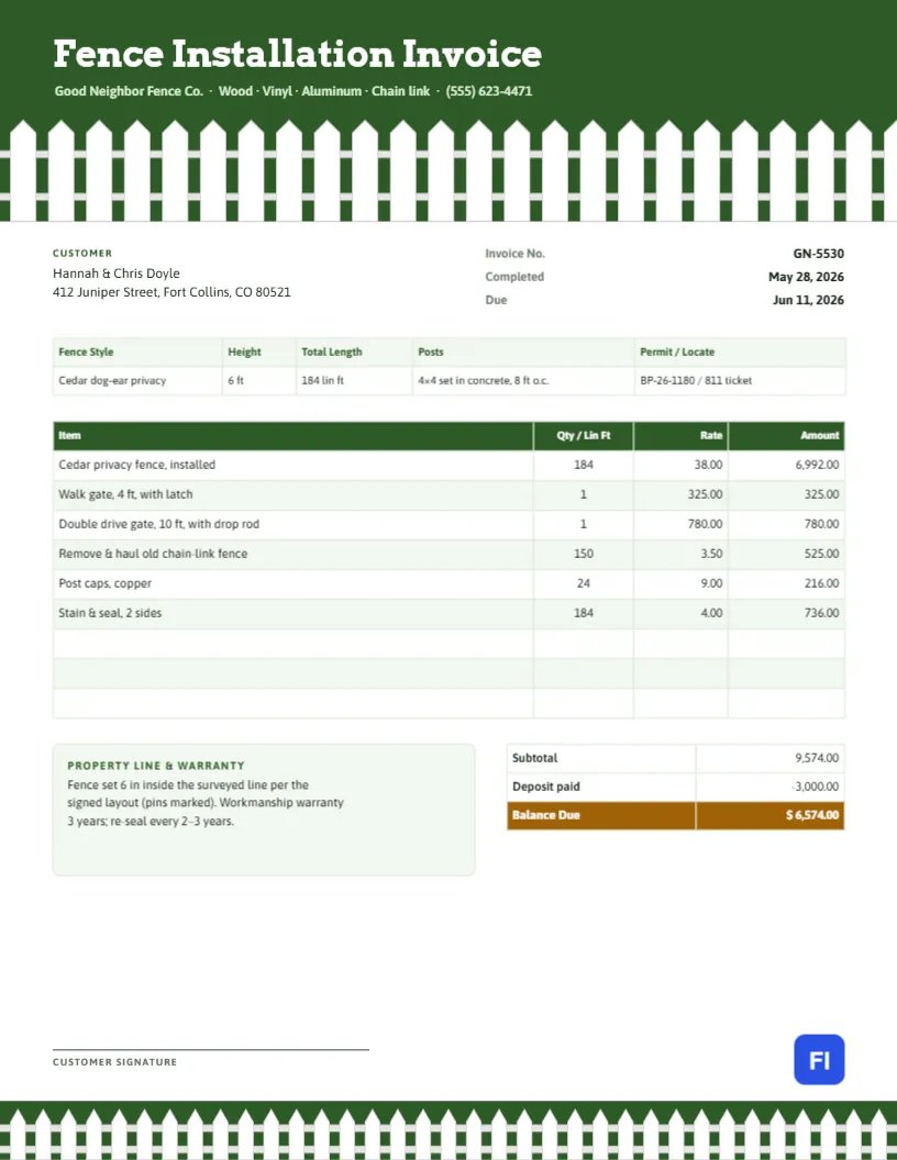 Fence Installation Invoice with a White Picket Fence Header