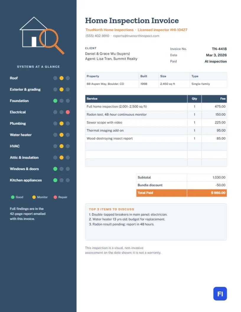 Home Inspection Invoice with a Systems-at-a-Glance Sidebar