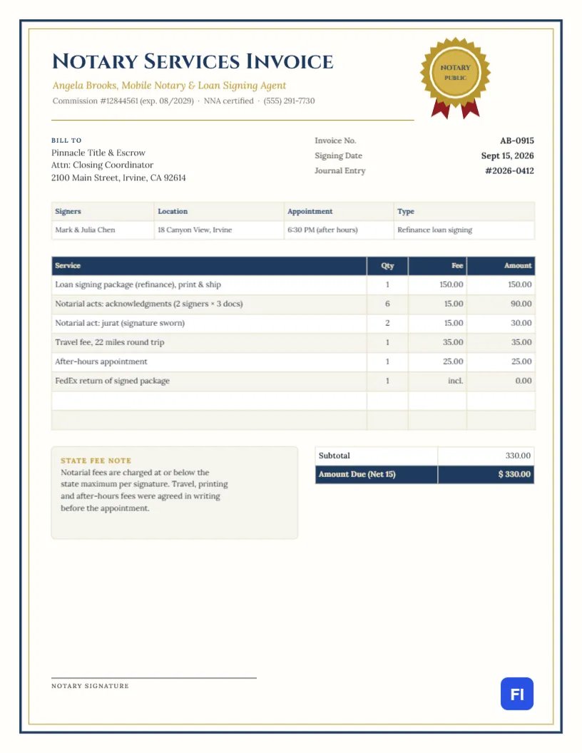 Mobile Notary Invoice with a Gold Seal and Certificate Border