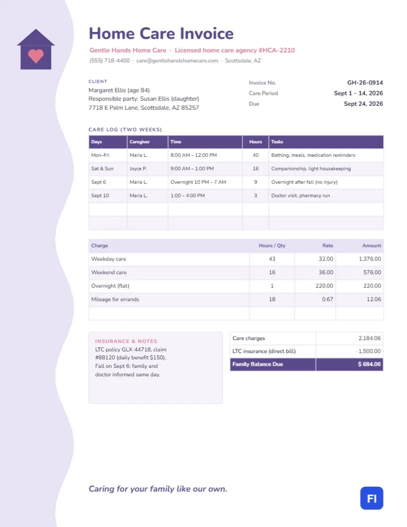 Home Caregiver Invoice with a Care Log and Insurance Details
