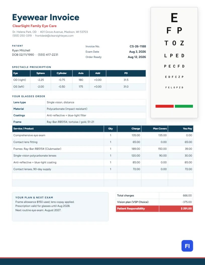 Optometry & Eyewear Invoice with an Eye Chart and Prescription Table