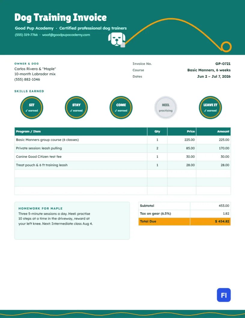 Dog Training Invoice Template with Skill Badges and a Leash Header
