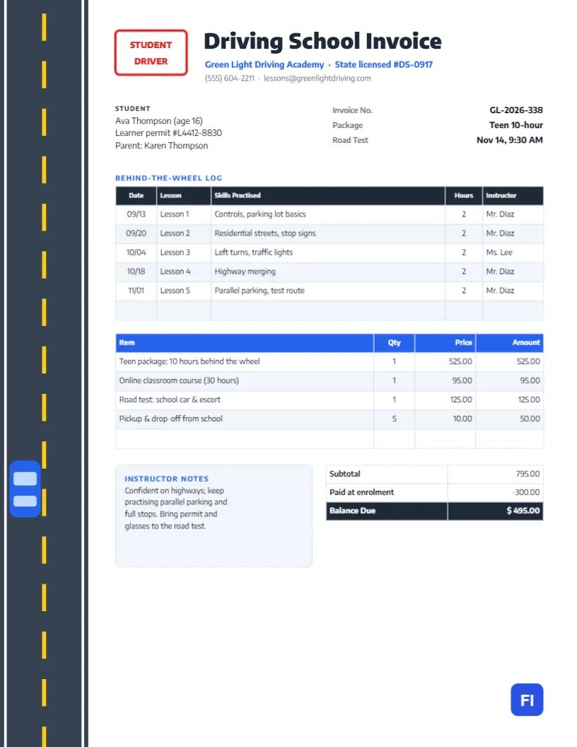 Driving School Invoice with a Road Down the Page and Lesson Log